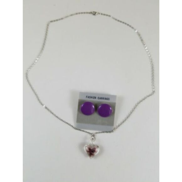 Clear Heart Necklace Purple Earrings Pierced Flower Pendant Silver Tone Chain 22 - Picture 2 of 5